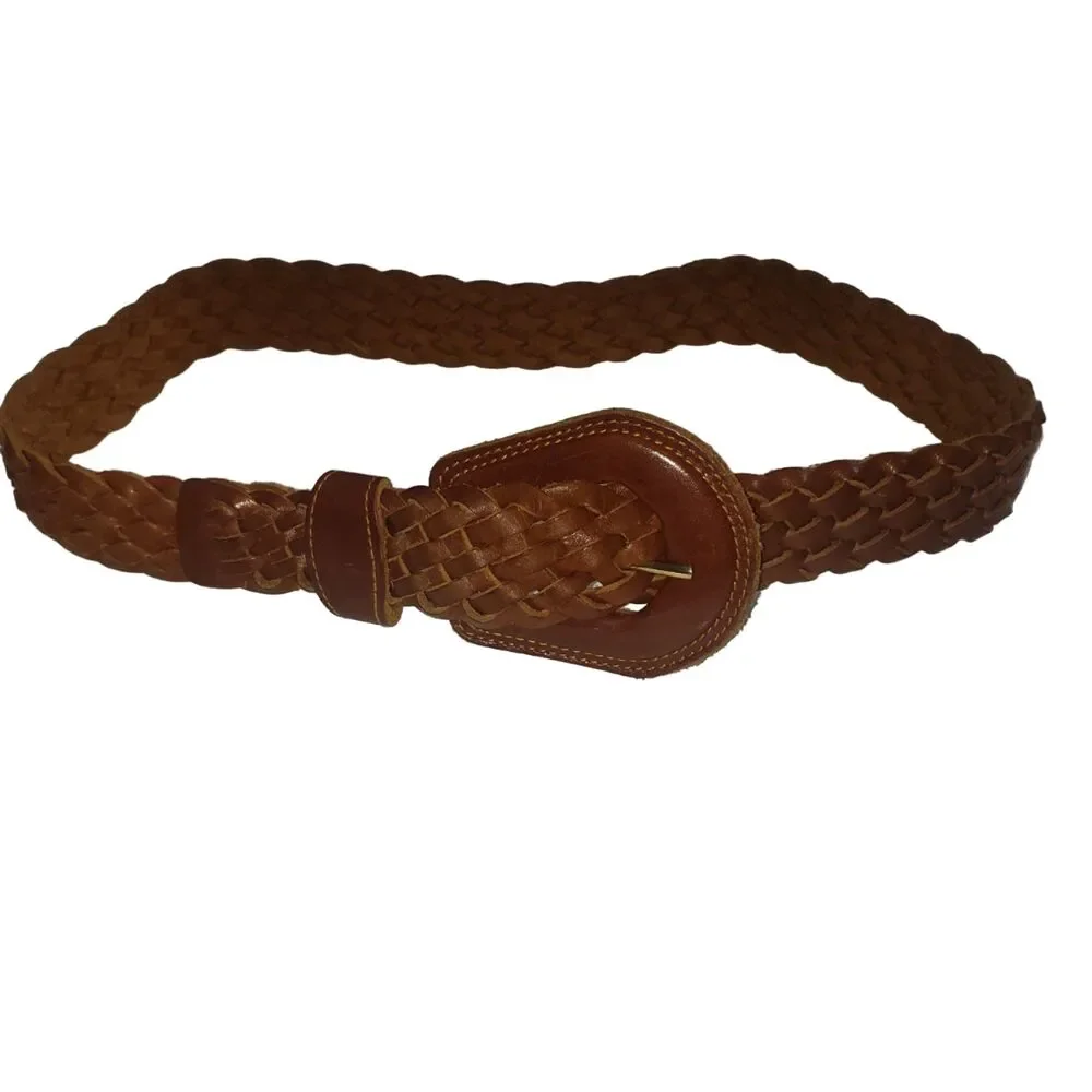 Brown Leather Braided Belt with Leather Buckle Womens Size Medium